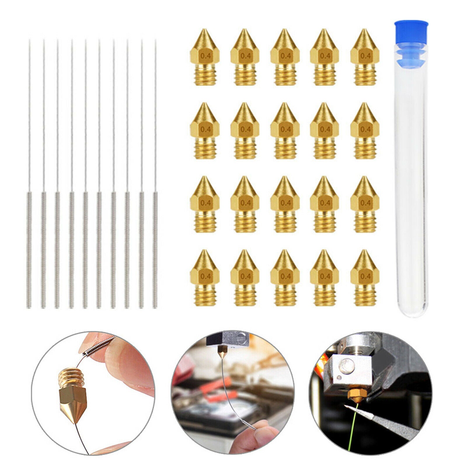 0.4MM MK8 20 pcs Brass Nozzles Kit with 10 Cleaning Needles Accessories for