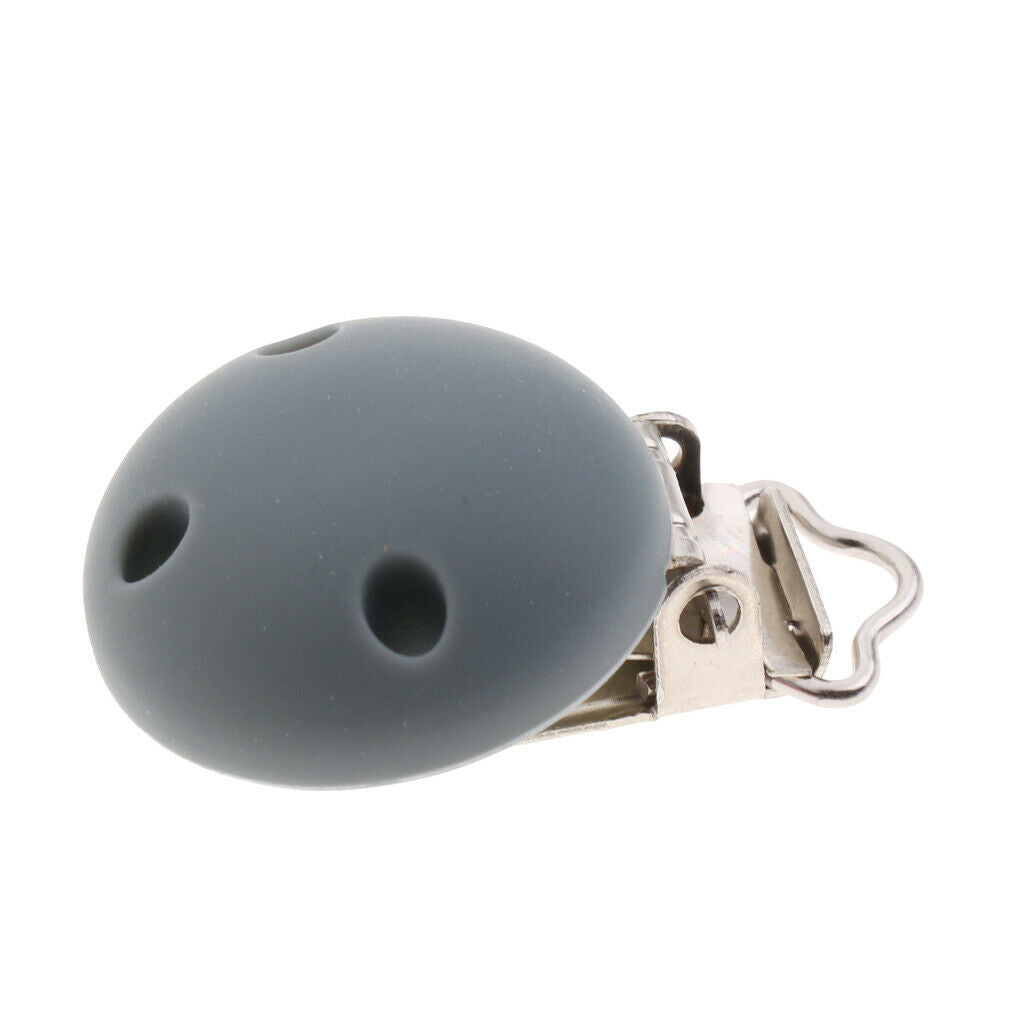 2Pcs Cute Baby Pacifier Round Silicone Soother Clip Metal Holders Clasp Gray