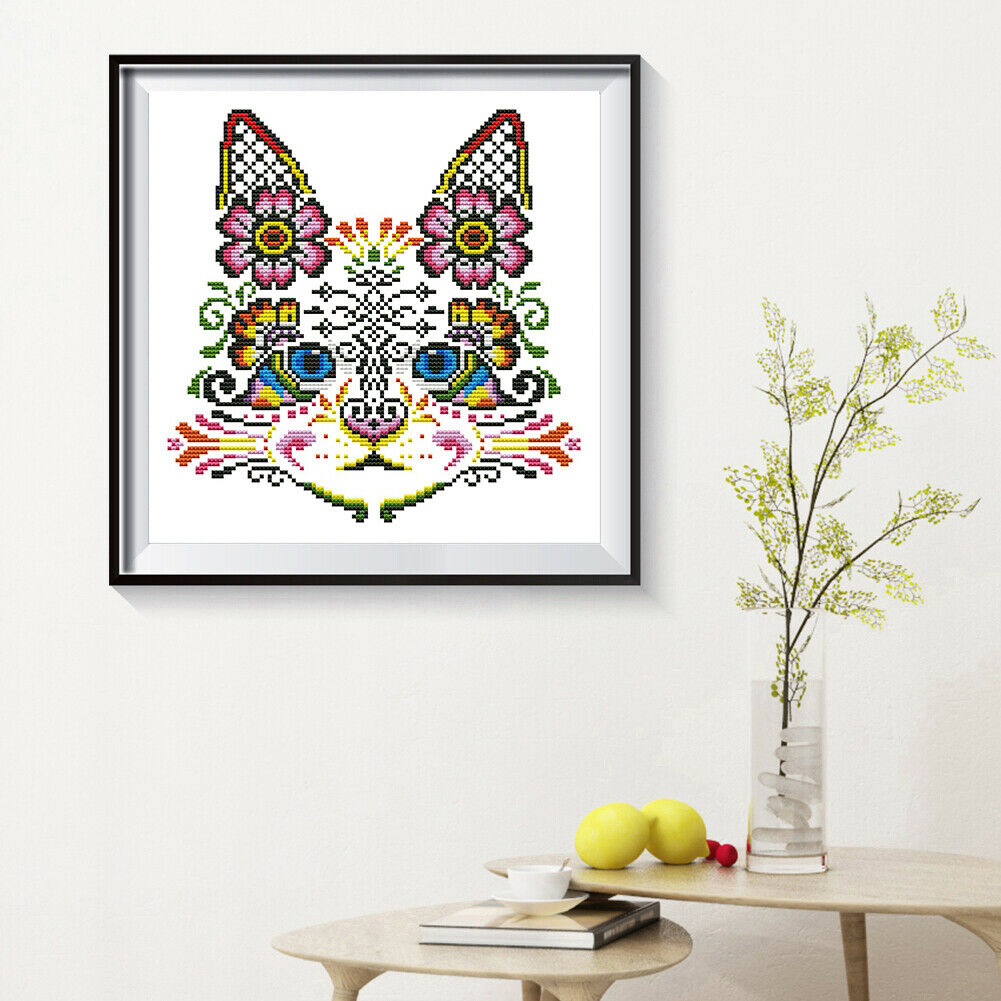 Stamped Print Embroidery Needlework DIY Flower Cat Beaded Cross Stitch Kits @