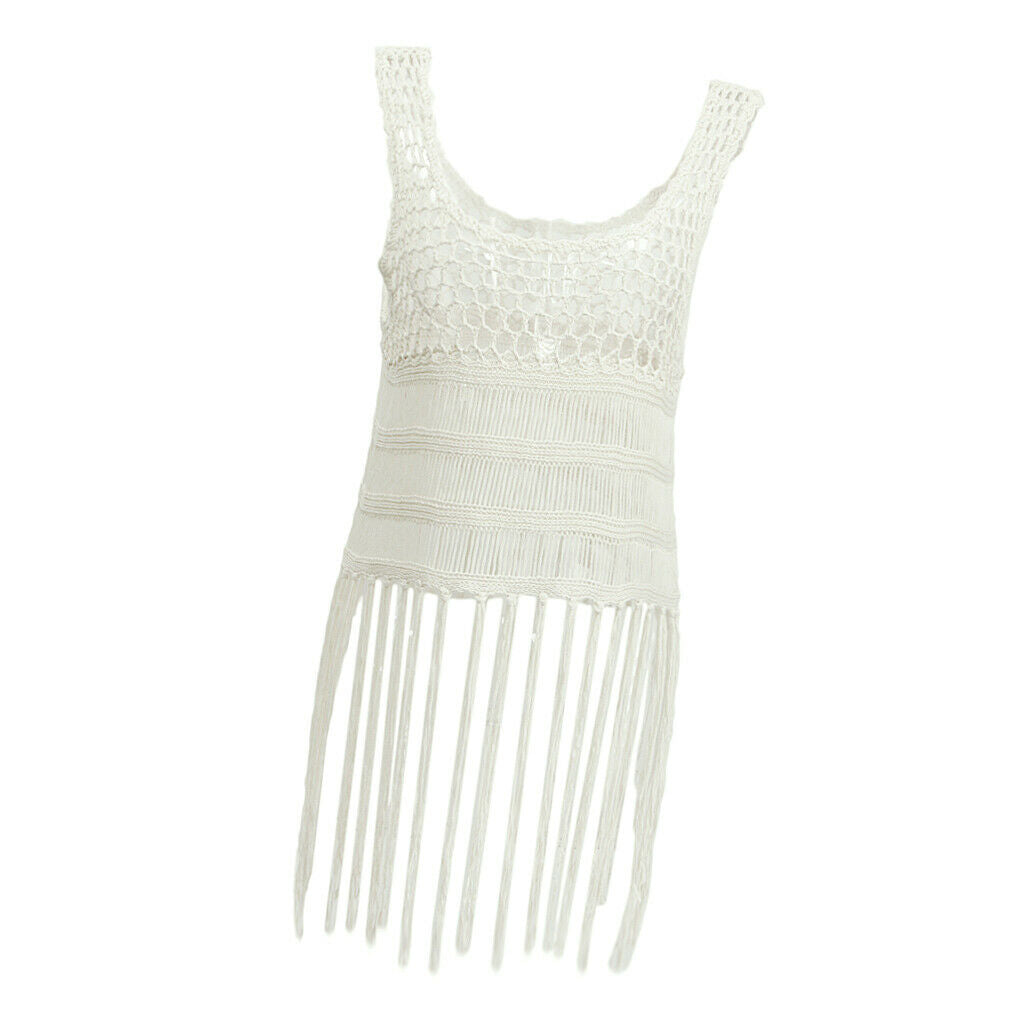 Women Crochet Knit Tank Camis Fringe Tassel Bikini Cover Ups Swimwear White