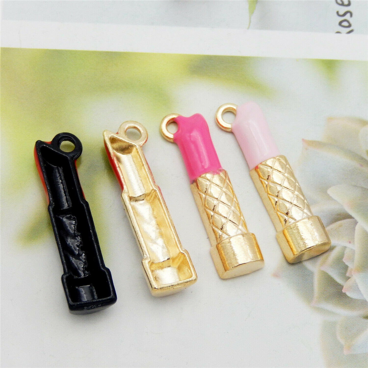 12 pcs Metal Lipstick Charm Enamel Makeup Cosmetic Pendant Crafts Alloy 33*8mm
