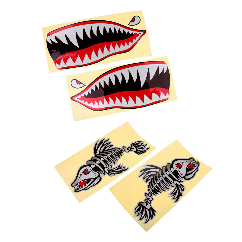 4x Funny Kayak Boat Decals - Waterproof Shark Teeth Mouth Fish Bone Stickers
