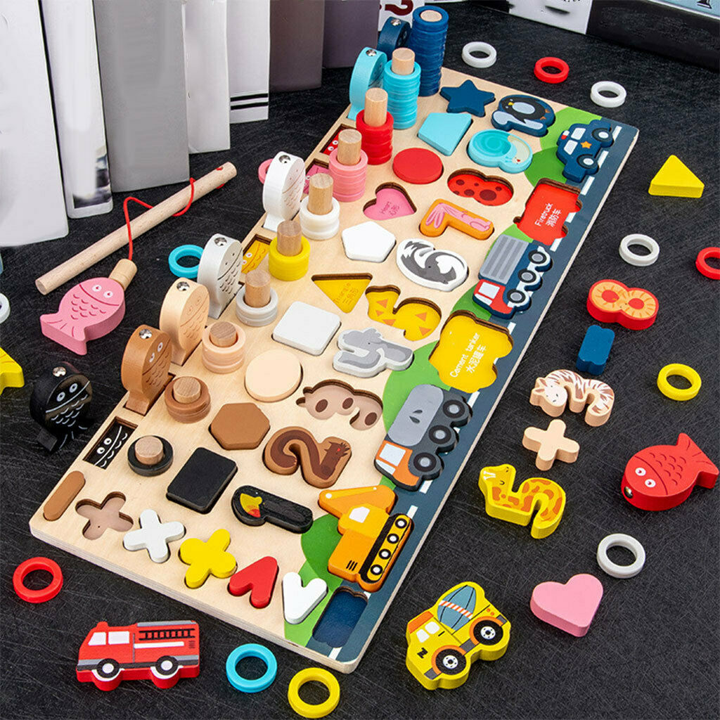 6-in-1 Number Puzzle Pegs Board Fishing Game Educational Math Learning Board