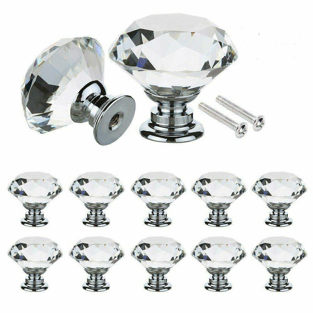 12Pcs Clear Crystal Diamond Glass Door Knobs Cupboard Drawer Handle Cabinet Knob