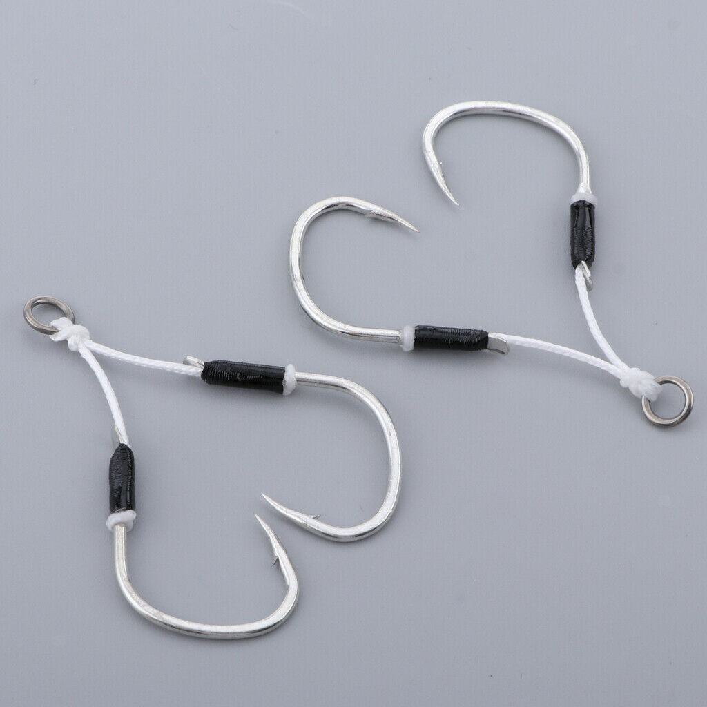 2 Pieces Carbon Steel Fishing Jig Hooks Barbed Assist Hooks with PE Line A