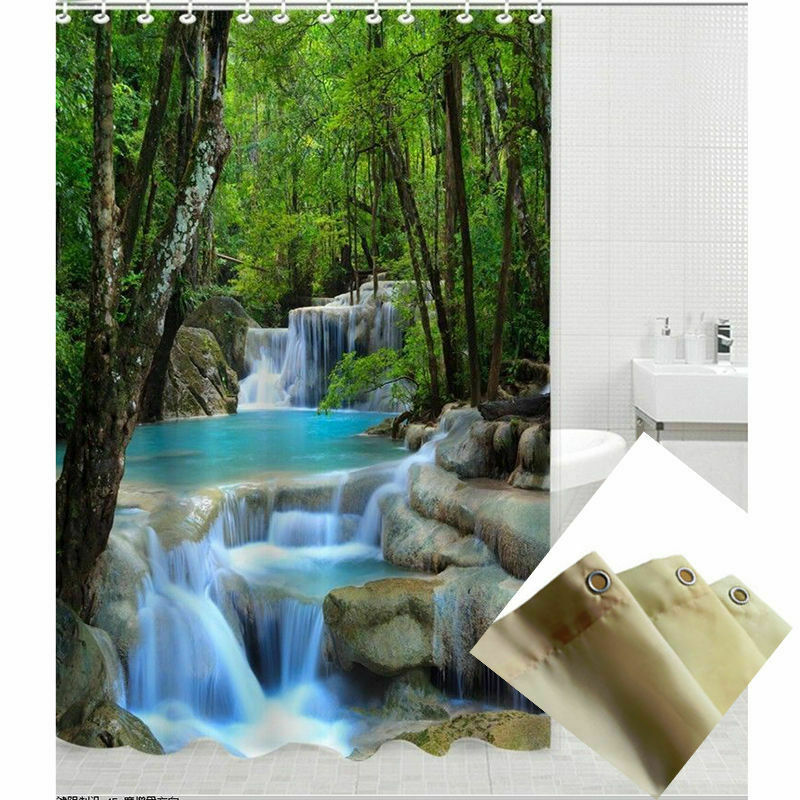 Polyester Waterfalls Nature Landscape Shower Curtain Hook Set Washable