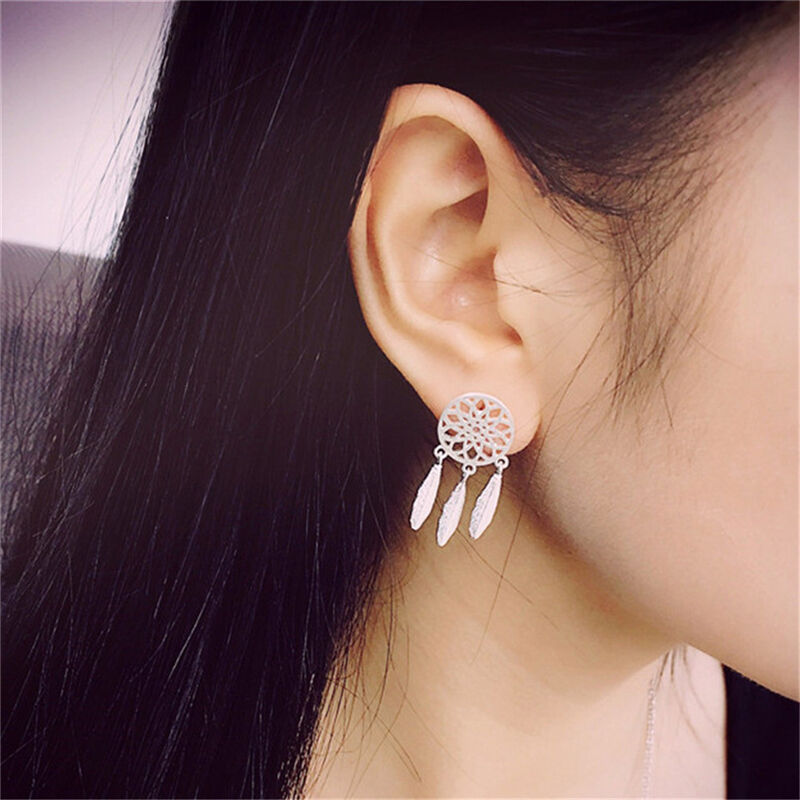 1Pair Bohemia Women Dream Catcher Feather Ear Stud Drop Earrings Jewelry  H Rf