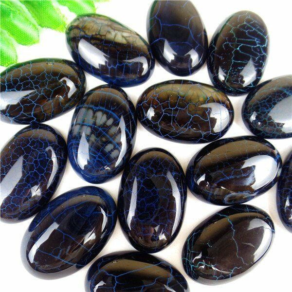 30Pcs Blue & Black Fire Dragon Veins Agate Oval Cab Cabochon 30x20x6mm HH6028