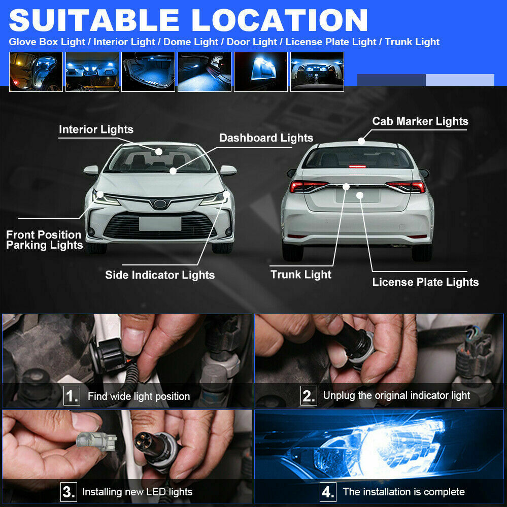 20PCS White T10 194 168 COB Bulb Car W5W Wedge Dash Roof Stop Parker Plate Light