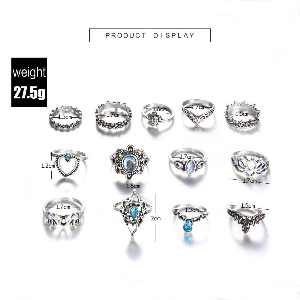Women 13pcs Blue Crystal Turtle Finger Rings Knuckle Midi Ring Sets Boho Jewelry
