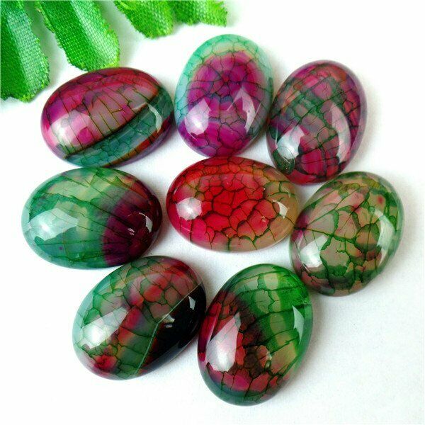 8Pcs Wholesale Green & Rose Dragon Veins Agate Oval Cab Cabochon 20x15x6mm HH549