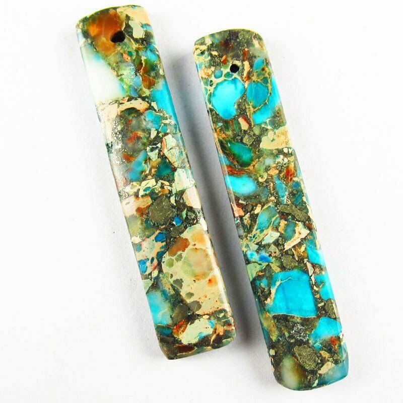 2pcs Blue Man-made Sea Sediment Jasper Pyrite Oblong 48x10x4mm Pendant 519DP