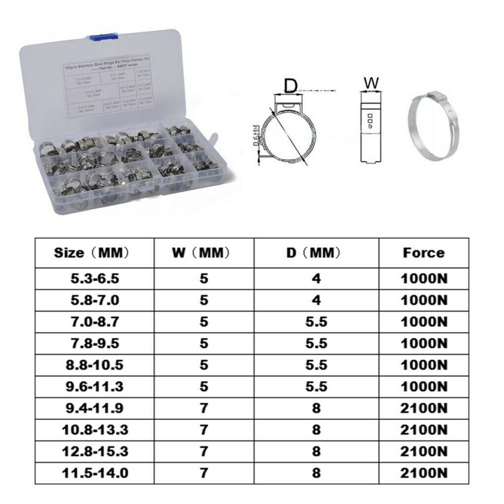 100pcs Adjustable Stainless Steel Single Ear Fuel Hose Pipe Clamps O Clips