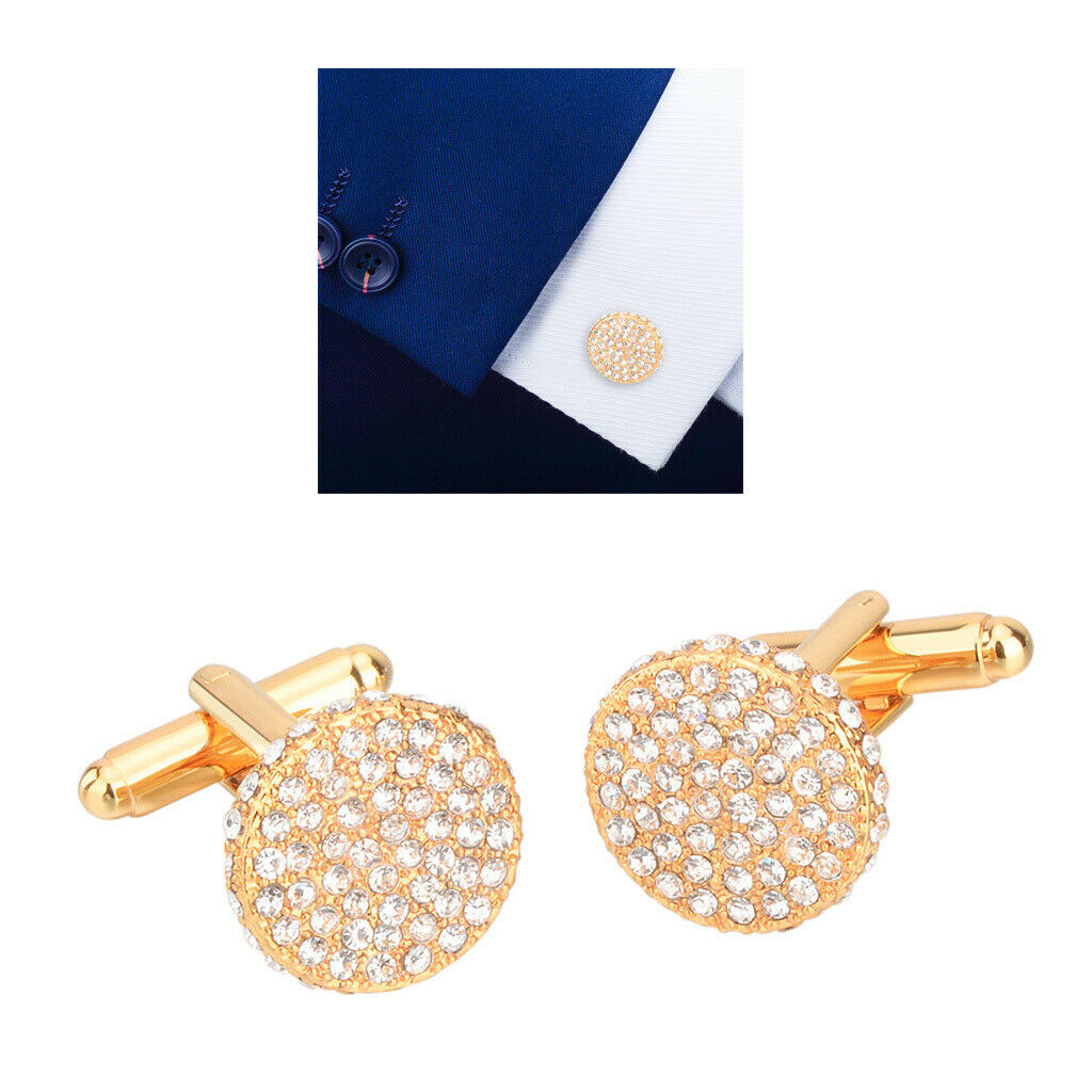 2pcs Men Rhinestone Cuff Links Shirt Banquet for Usher Bride Golden 17mm