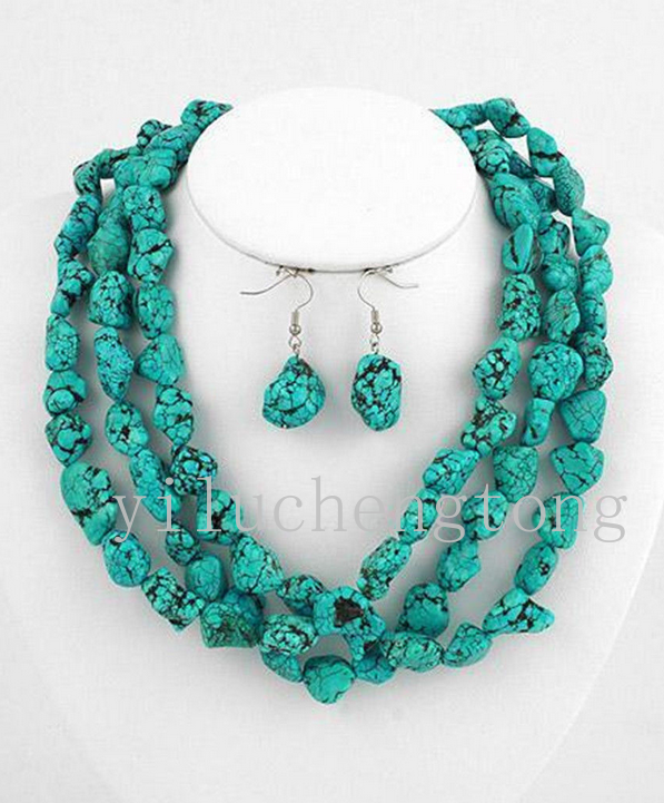 New Long 60"inch Natural turquoise irregular BeadsNecklace earrings