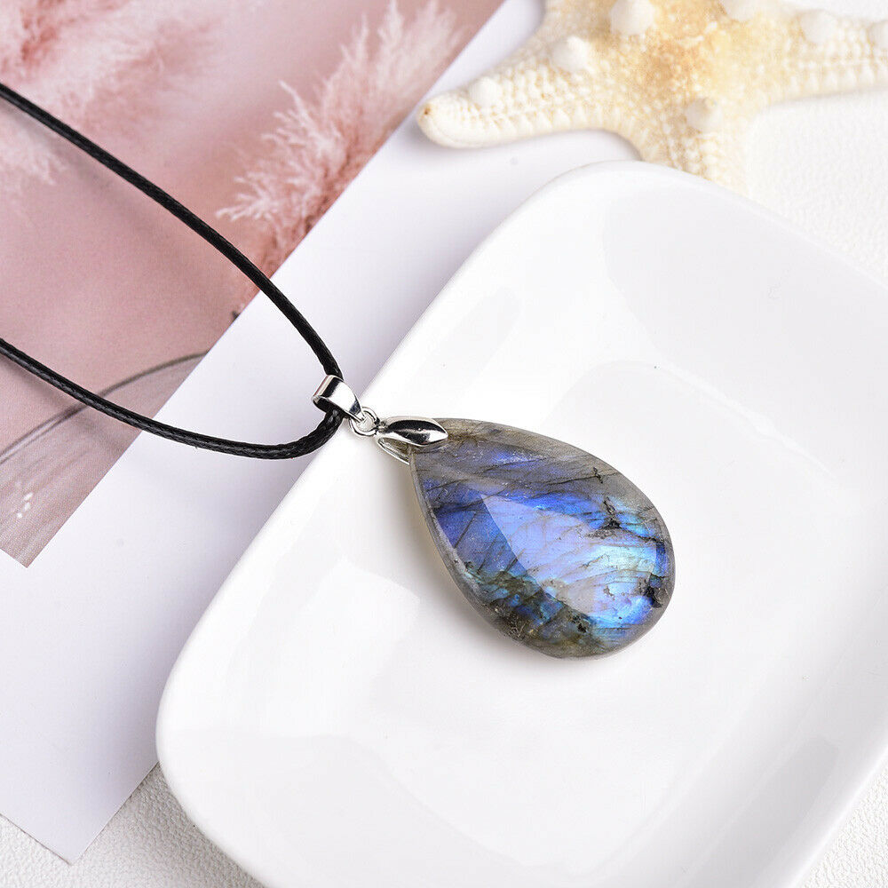 Energy Necklace Labradorite Natural Stone Water Drop Shaped Pendant Jewelry Gift