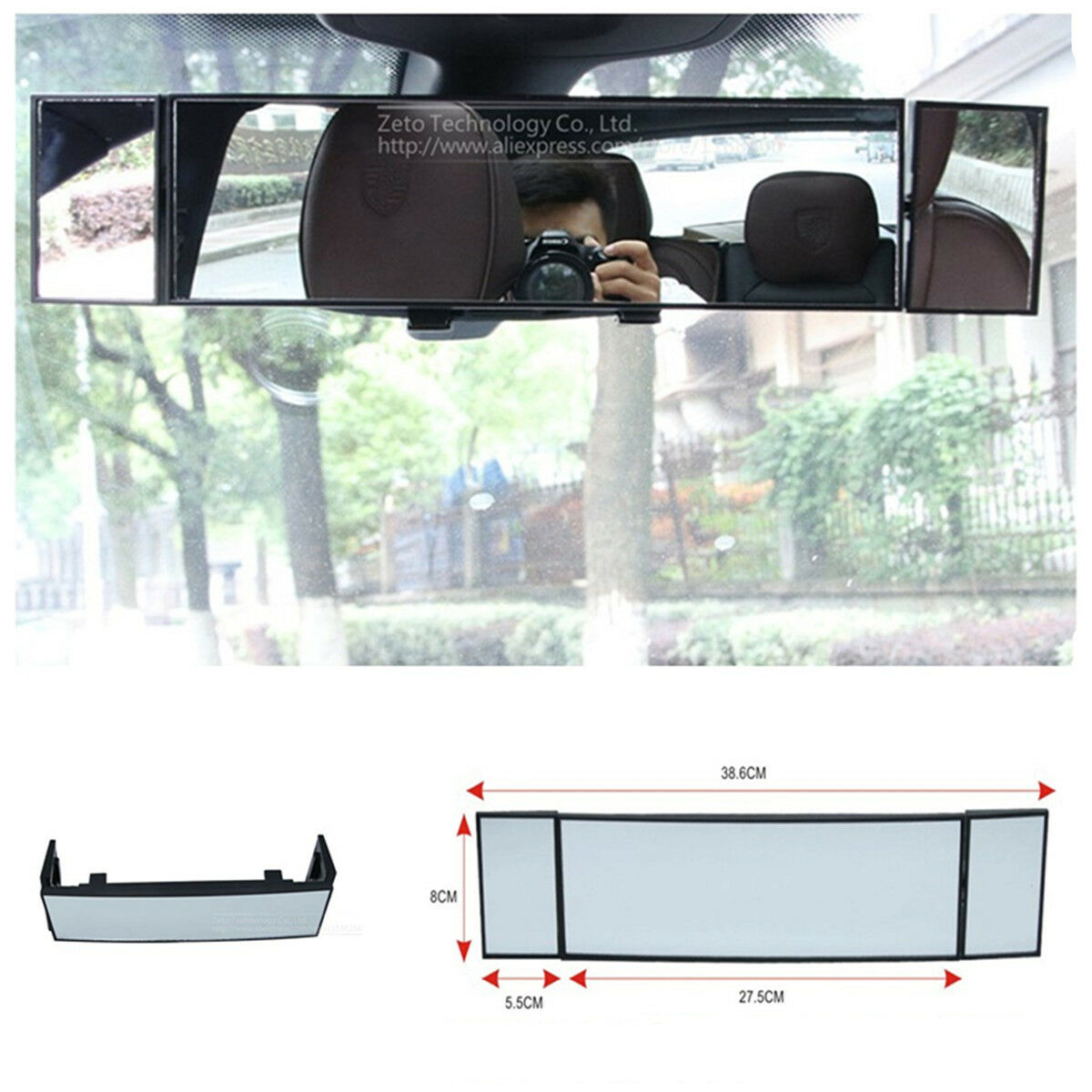 Car Tri-fold Curved Rear View Mirror Wide Angle Panoramic Anti-dazzling 380mm