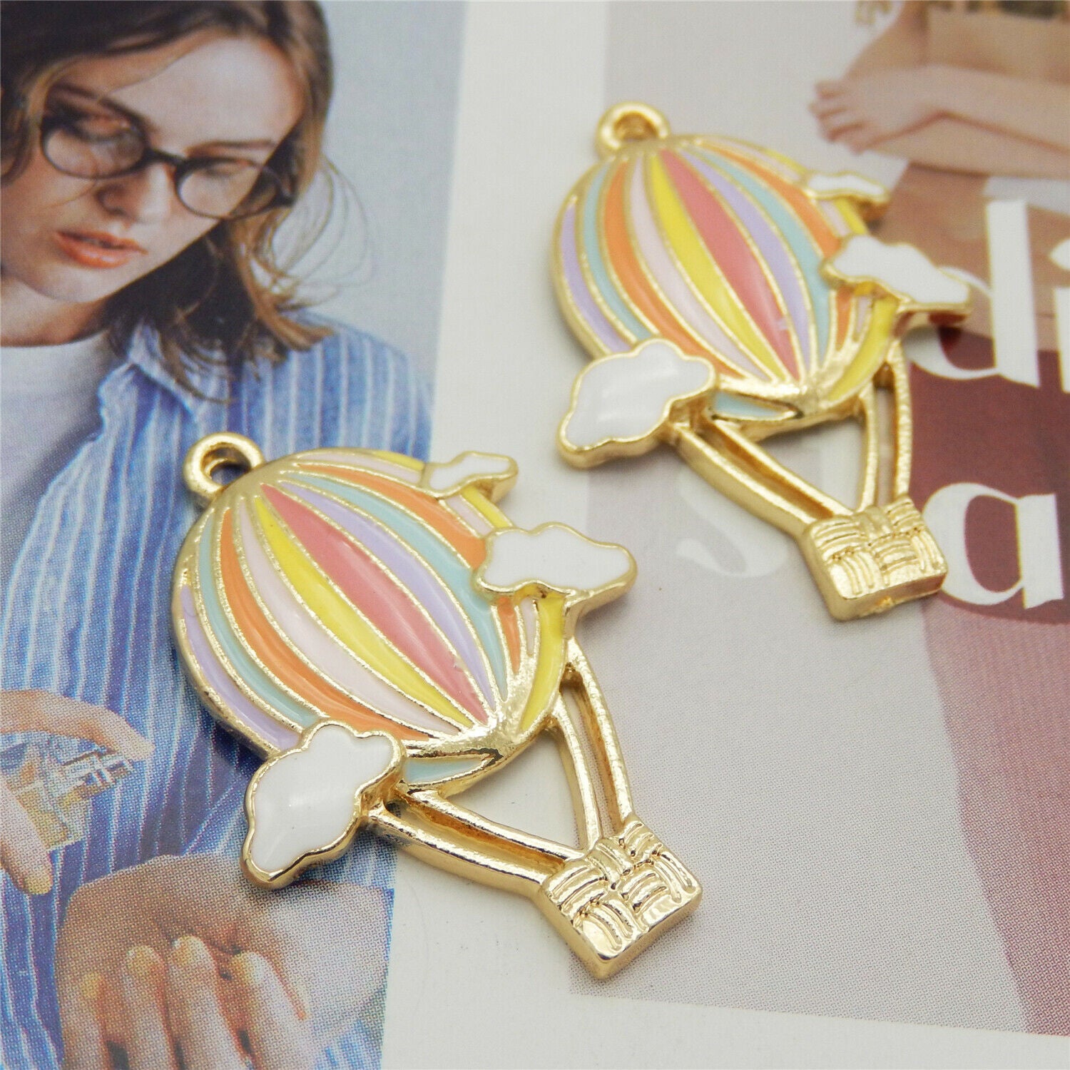 6 pcs Colorful Hot Air Balloon Charm Enamel Alloy Pendant Earring Dangle 31x23