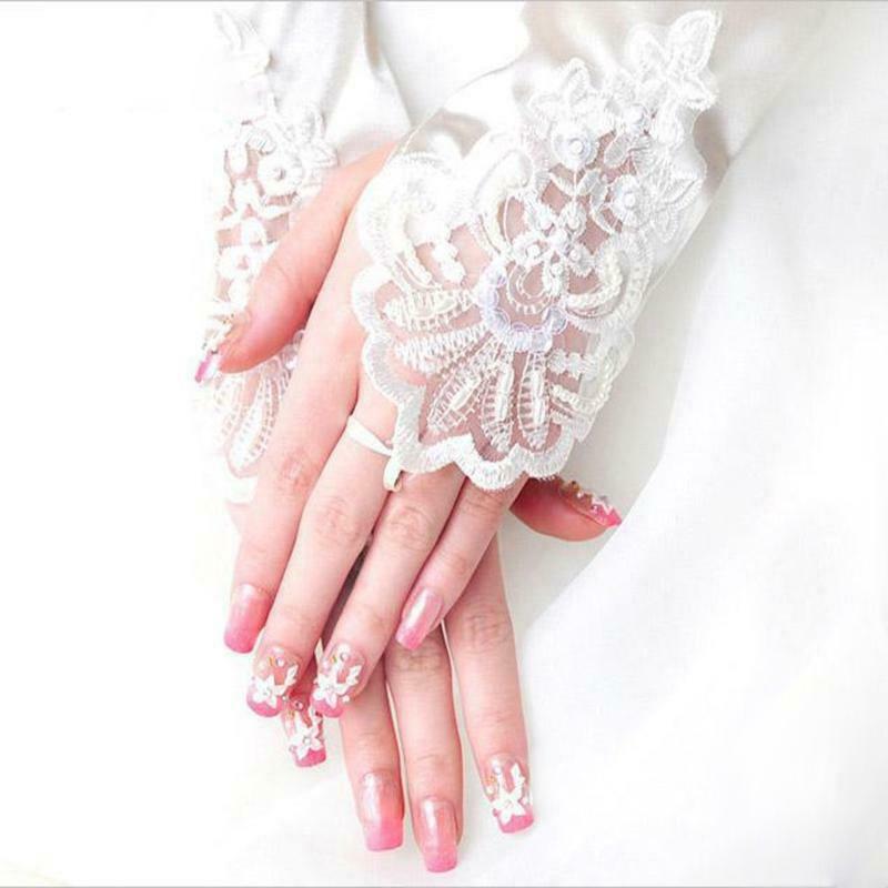 Womens Bridal Long Gloves Fingerless Embroidery Lace Trim Beaded Sequins Wedding