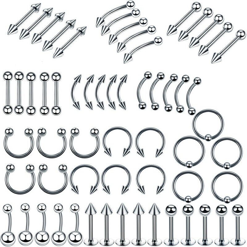 60Pcs Steel Mixed Nose Lip Eyebrow Tongue Belly Bar Ring Body Piercing Je.l8