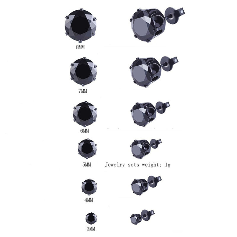 Men Women Stainless Steel Black Round Cubic Ear Studs Earrings 3mm-8mm 6P.l8