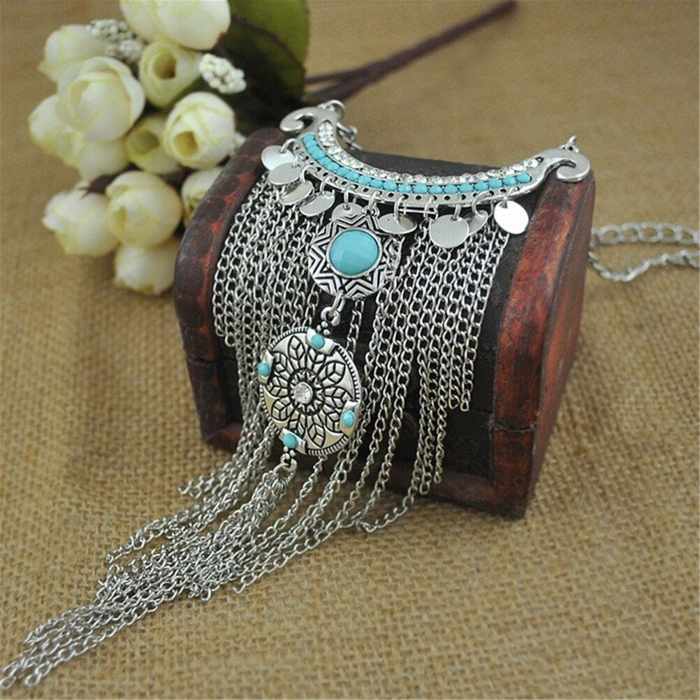 Retro Bohemian Gypsy Style Turquoise Tassel  Chain Choker Pendant Necklace B Tt