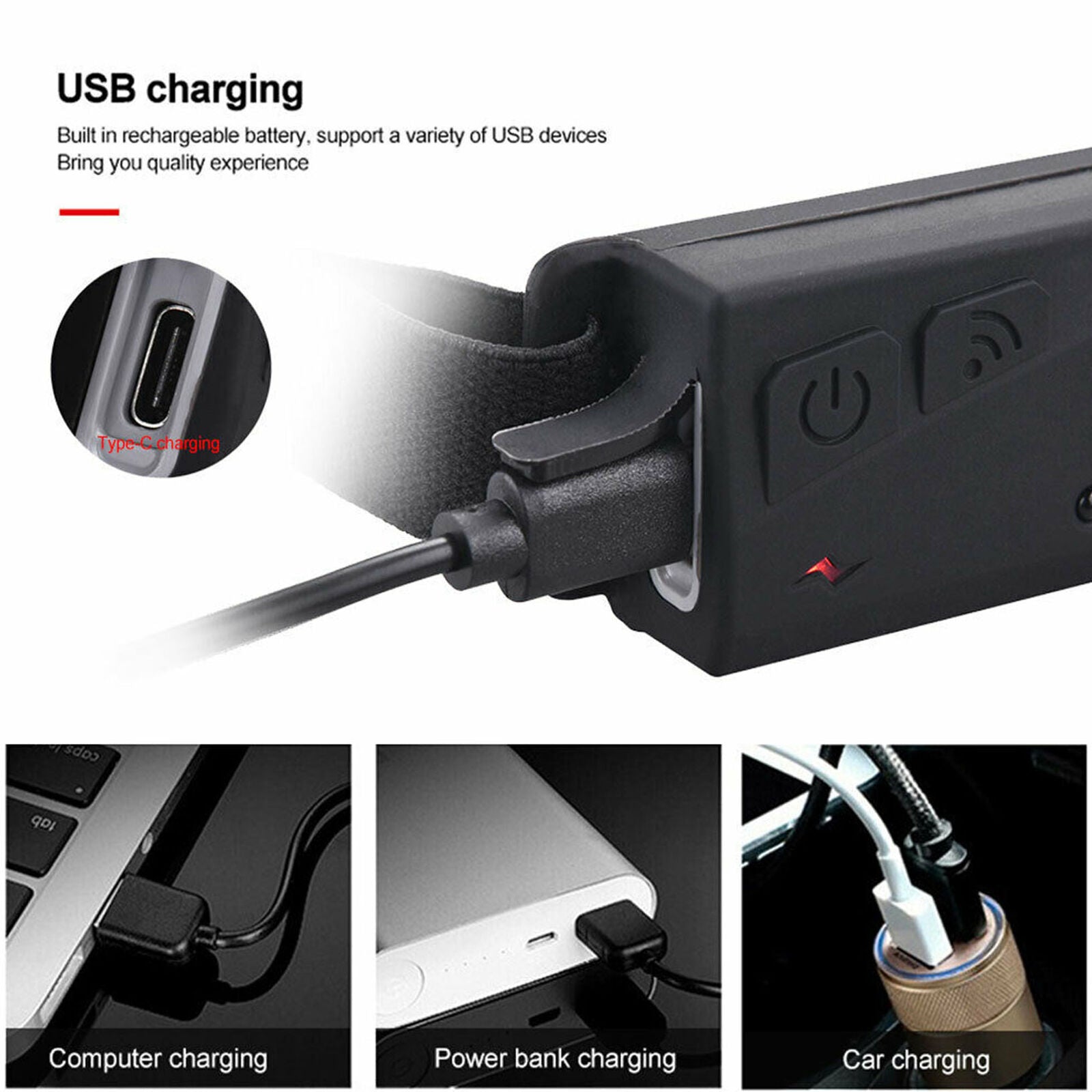 USB Rechargeable Headlamp Flashlight Headlight Head Band Waterproof Bright Lamp