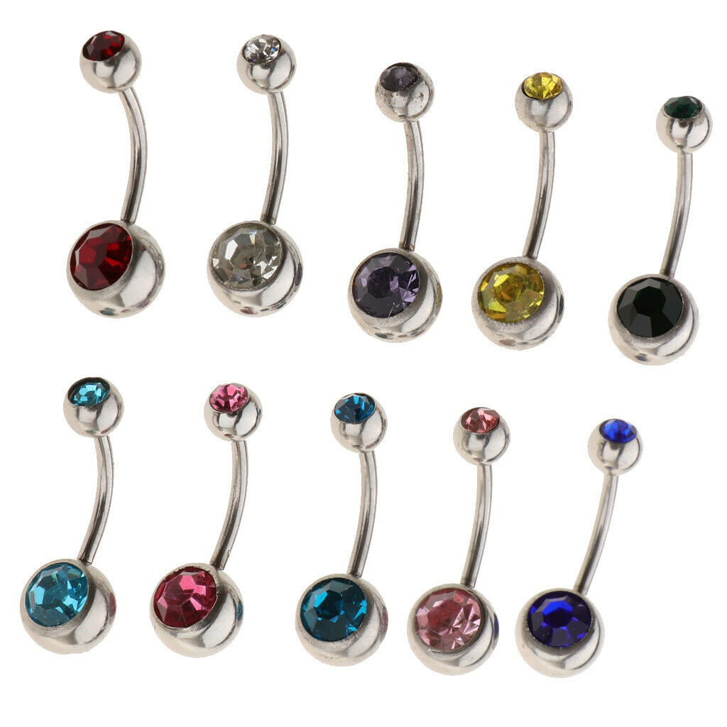 10Pcs Stainless Steel Navel Ring Curved Barbell Piercing Crystal Rhinestone