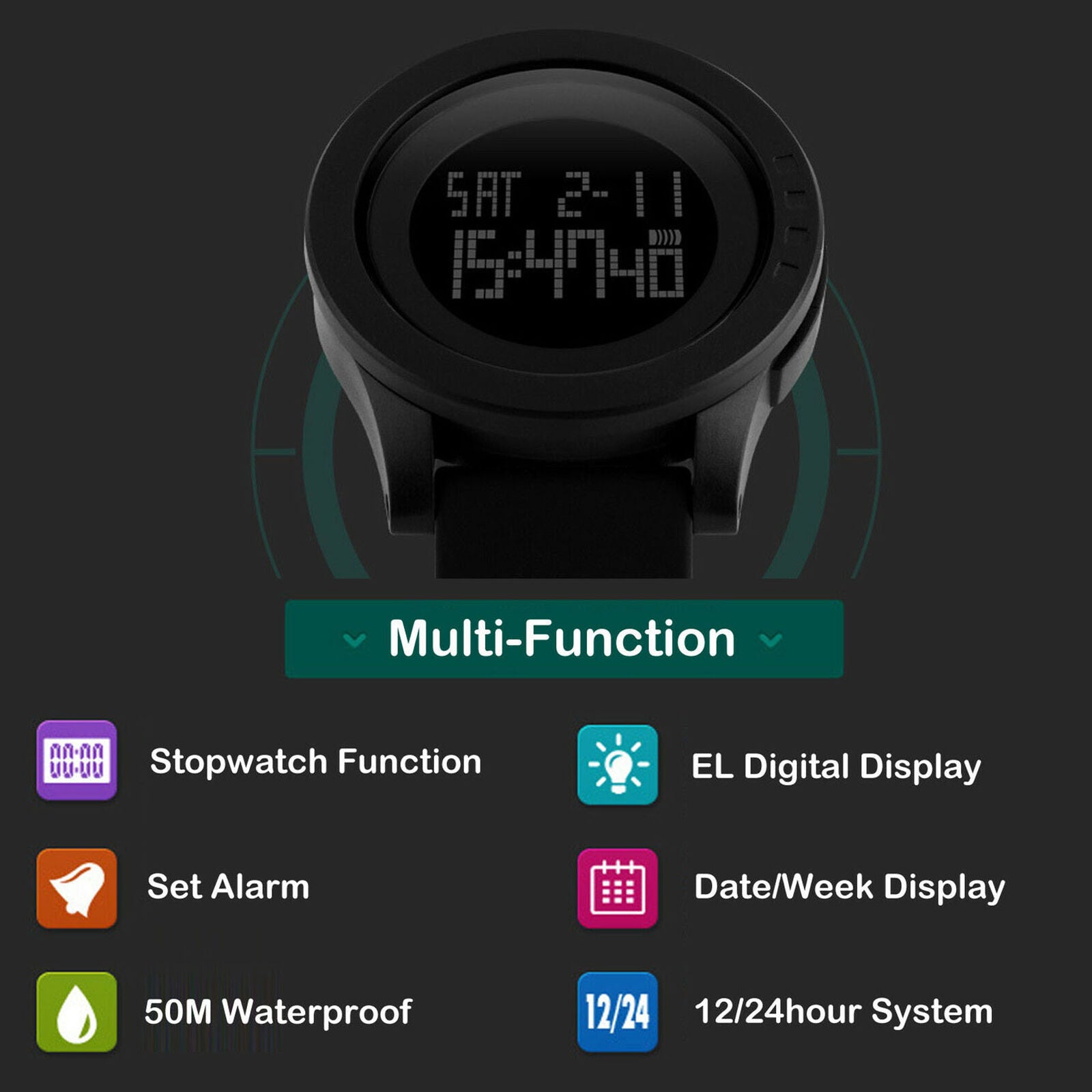 Men's Large LED Digital Date Alarm Big Face Waterproof LCD Military Sport Watch