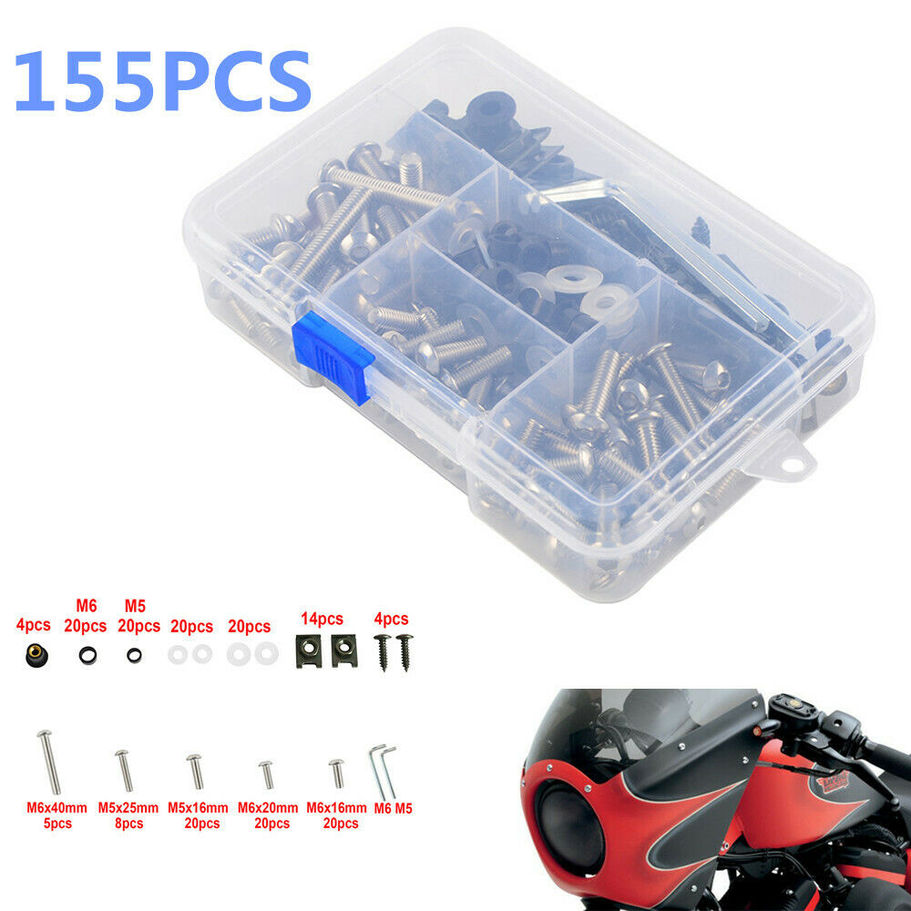 155pcs Motorcycle Shell Fairing Bolt Plate Screw Nut Stainless Steel Thread +Box