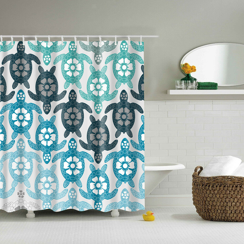 Extra Long Fabric Bath Shower Curtain with 12 Hooks Bathroom Use Turtles