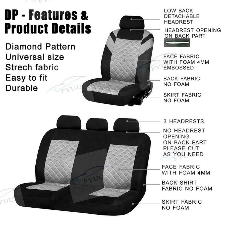 4 Front+Rear Seats Grey Diamond Pattern Car Seat Covers Universal w/ 5 headrests