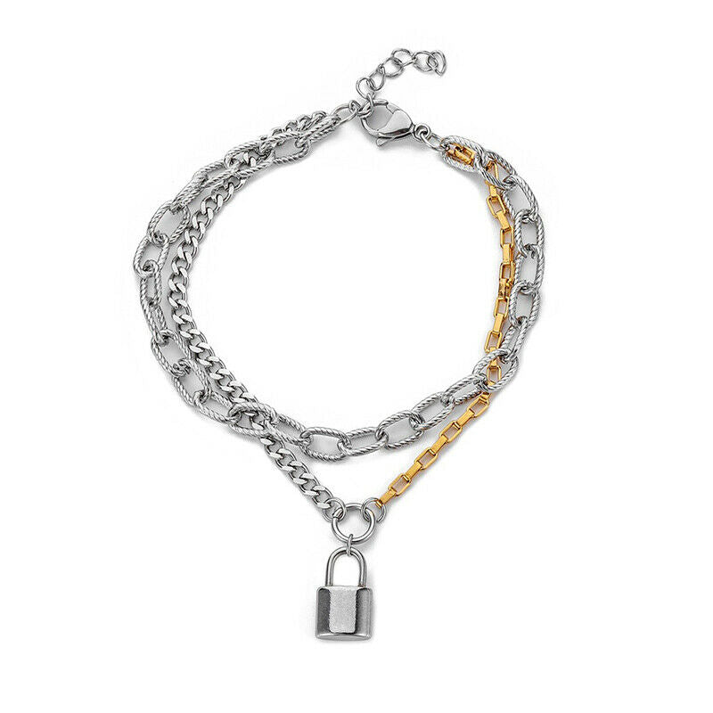 Punk Double Layer Lock Chain Bracelets Female Bracelet Bangles for Women .l8