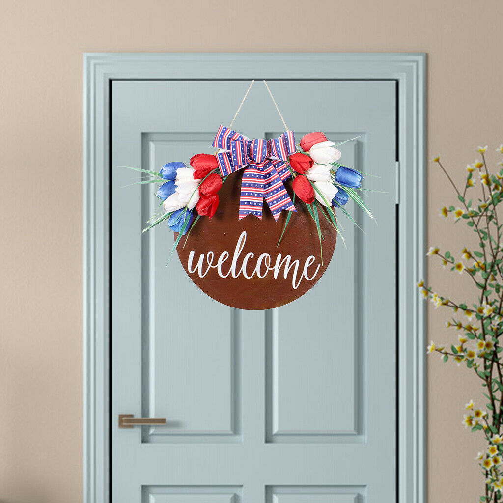 Welcome Round Hanging Wood Sign and Bow Farmhouse Window Home Ornaments