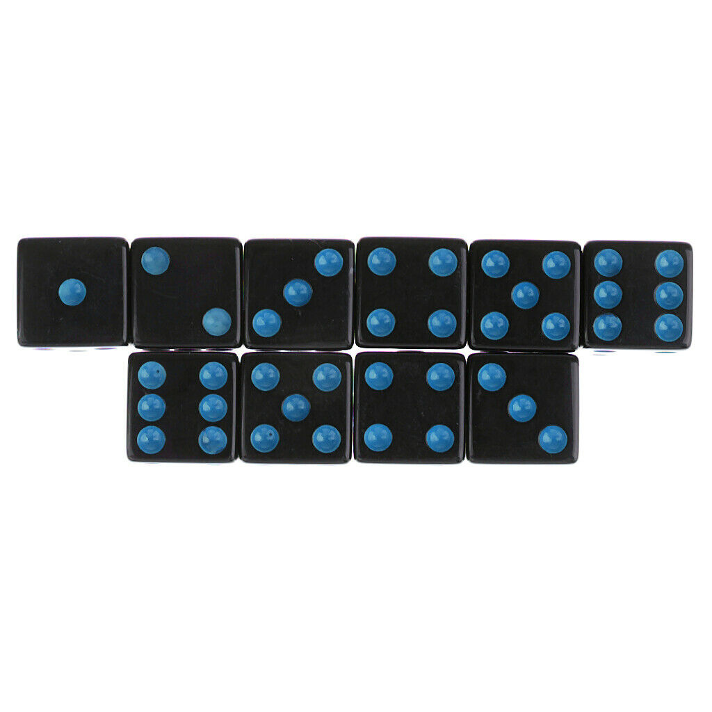 Acrylic 6 Sided Square Opaque D6 16mm Standard Dice Black w/ Blue Pips
