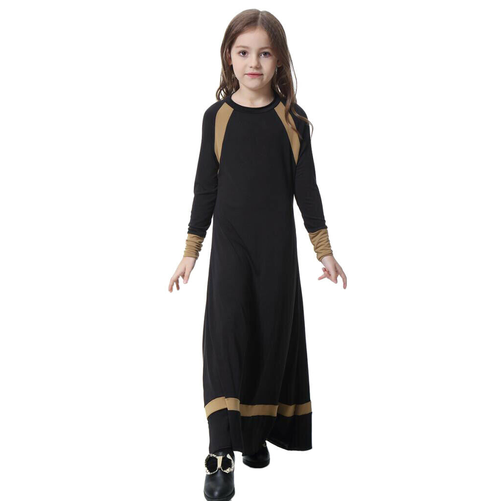 Girls Hit Color Long Sleeve Muslim Maxi Dress Ball Gown Abayas Black S