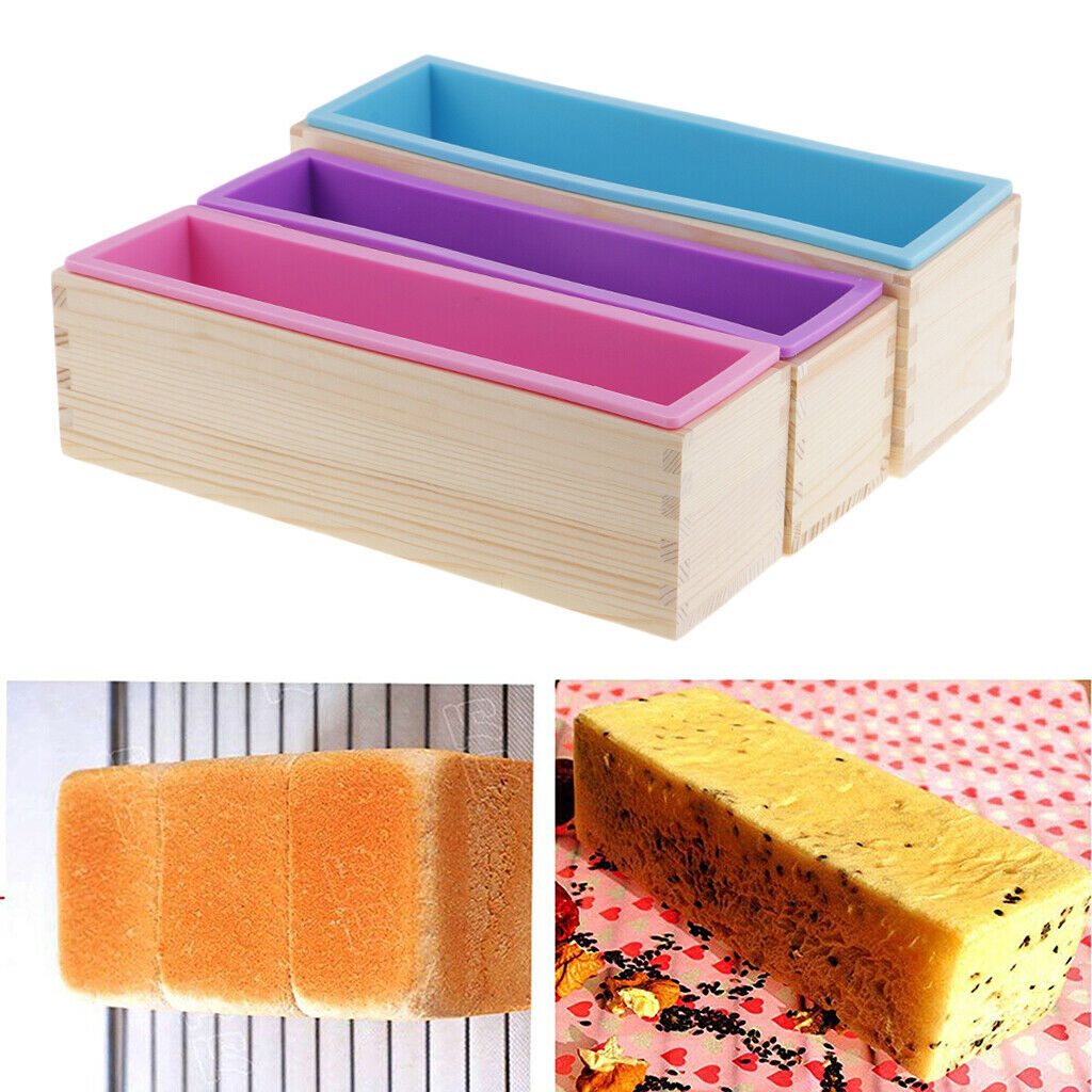 3pcs Rectangle Silicone Soap Loaf Mold with Wooden Box DIY Cake Bread Mould