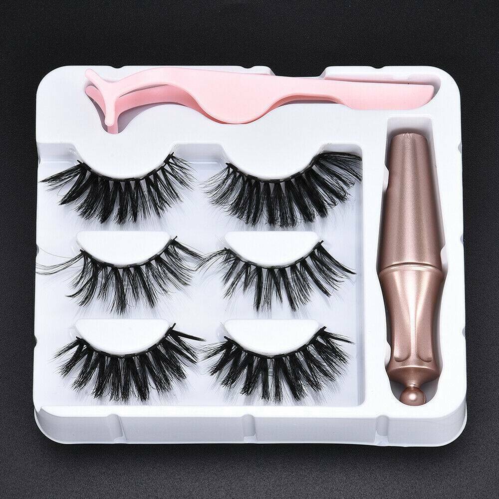 3 Pairs Waterproof Magnetic Eyeliner Eyelashes and Tweezer Long Lashes Kit 2019