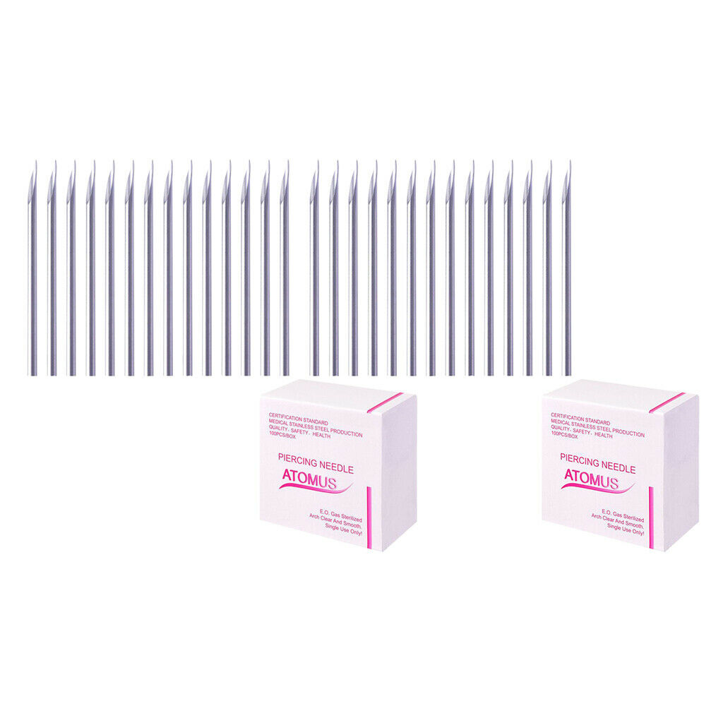 Set of 200, Body Piercing Needles Gauge 16G Sterilized for Lip Navel Eyebrow