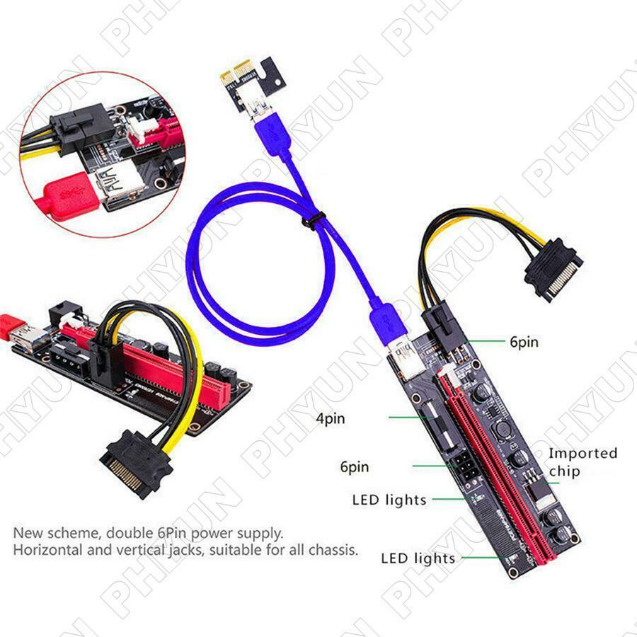 6x USB3.0 Pci-E Riser Ver 009S Express 1X 4X 8X 16X Extender Card 15Pin to 6 Pin