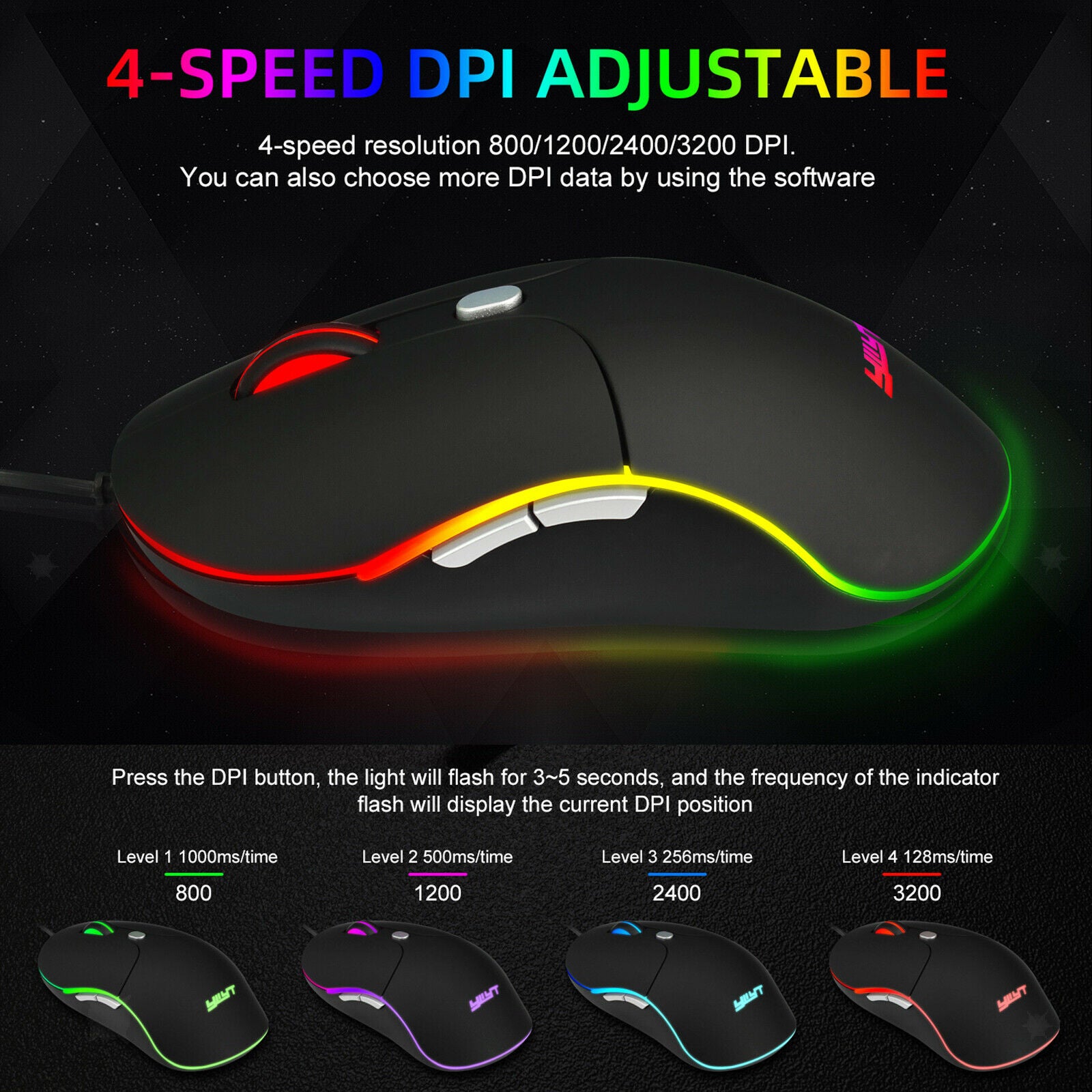 Desktop Laptop RGB Wired Gaming Mouse 3200 DPI Adjustable Mice Programmable