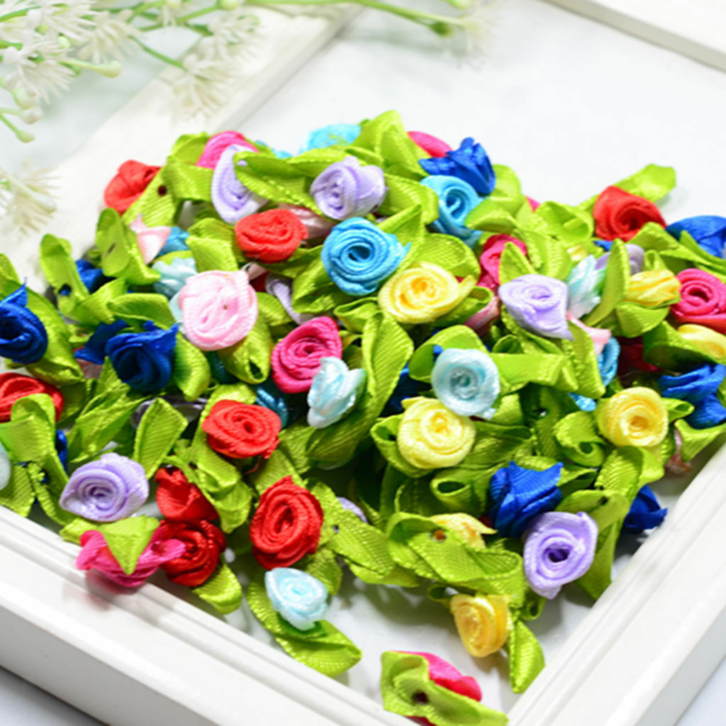 200PCS Mini Satin Ribbon Bows Rose Flower Crafts Wedding Applique Sewing DIY