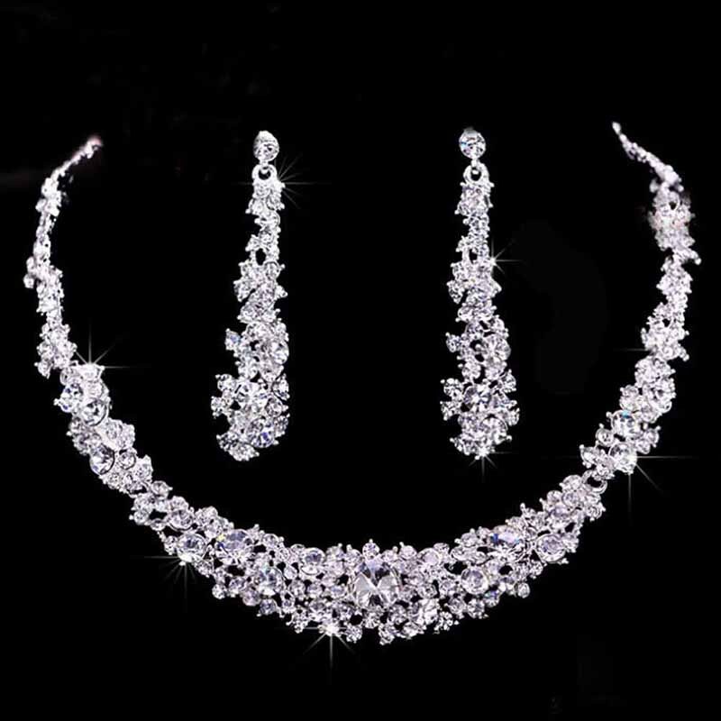 Women Rhinestone Crystal Collar Necklace Earrings Wedding Party Jewelry Set BDAU