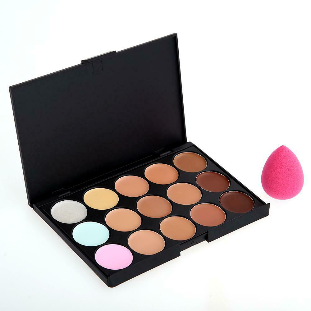 15 Colors Makeup Concealer Palette + 8PC Powder Brush + Sponge Foundation @