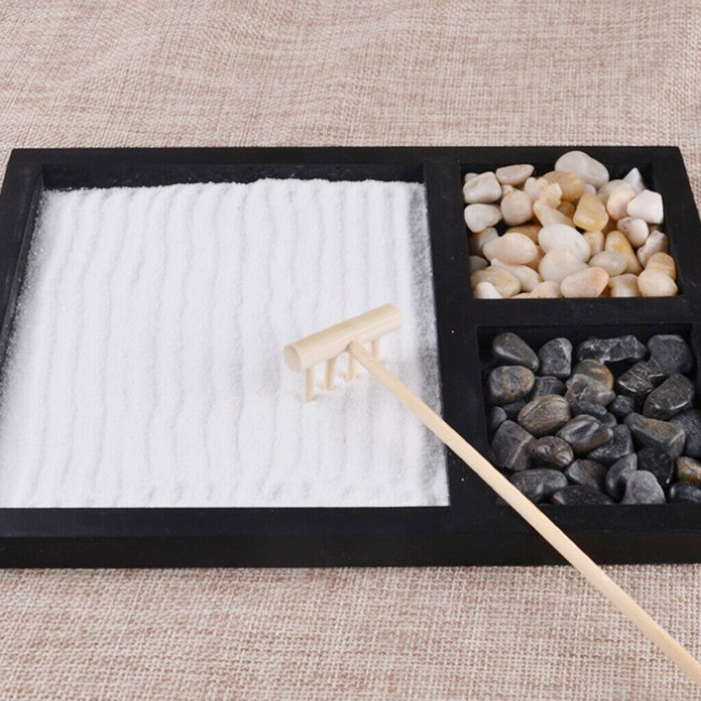 Zen Garden Sand Tray Stone Wooden Rake Sands Home Room Fengshui Ornament #2