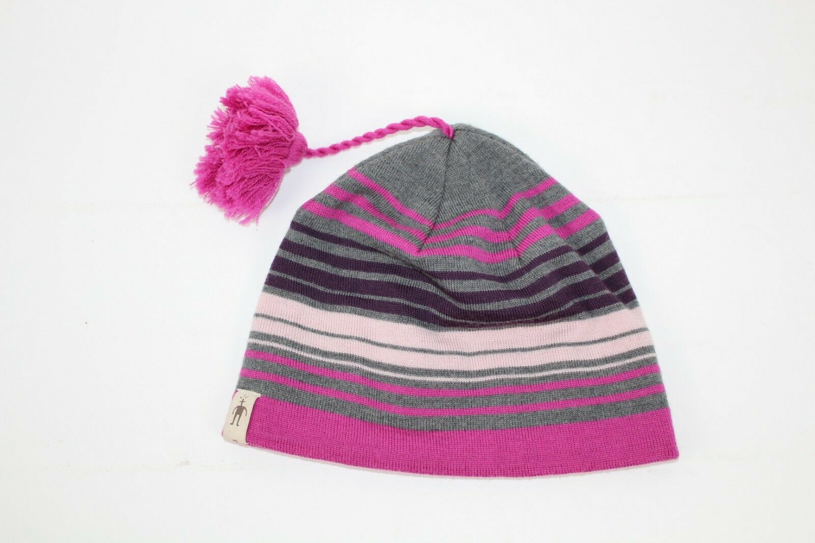 Girls Youth SMARTWOOL Beanie Pink Fuschia Striped Tassle Pom Pom Merino Wool