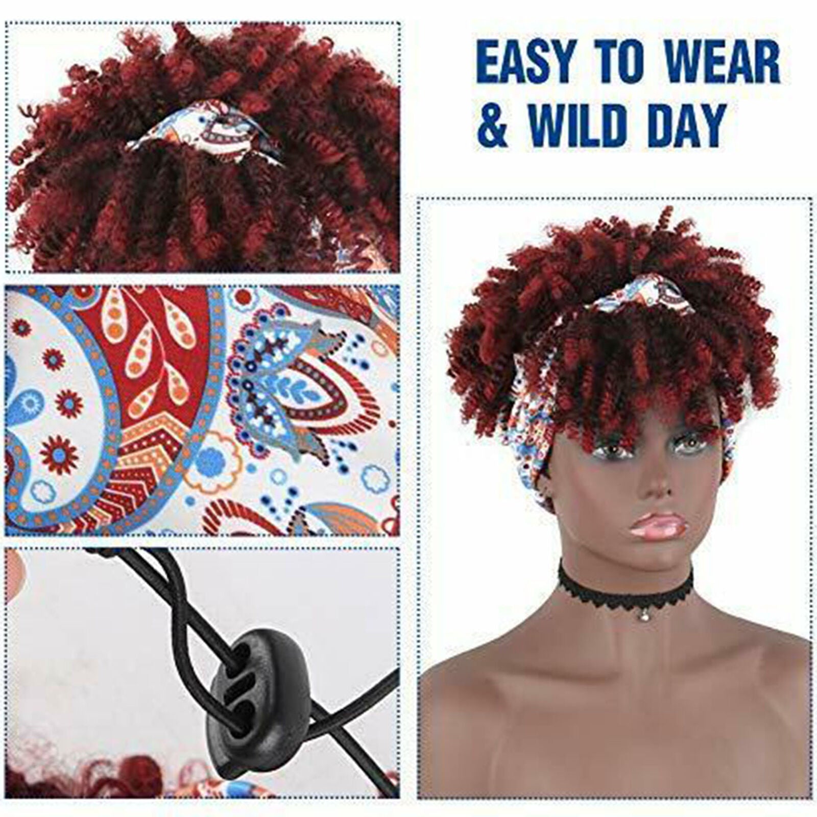 Short Red Kinky Curly Headband Wigs for Women,Afro Curly Headband Wig