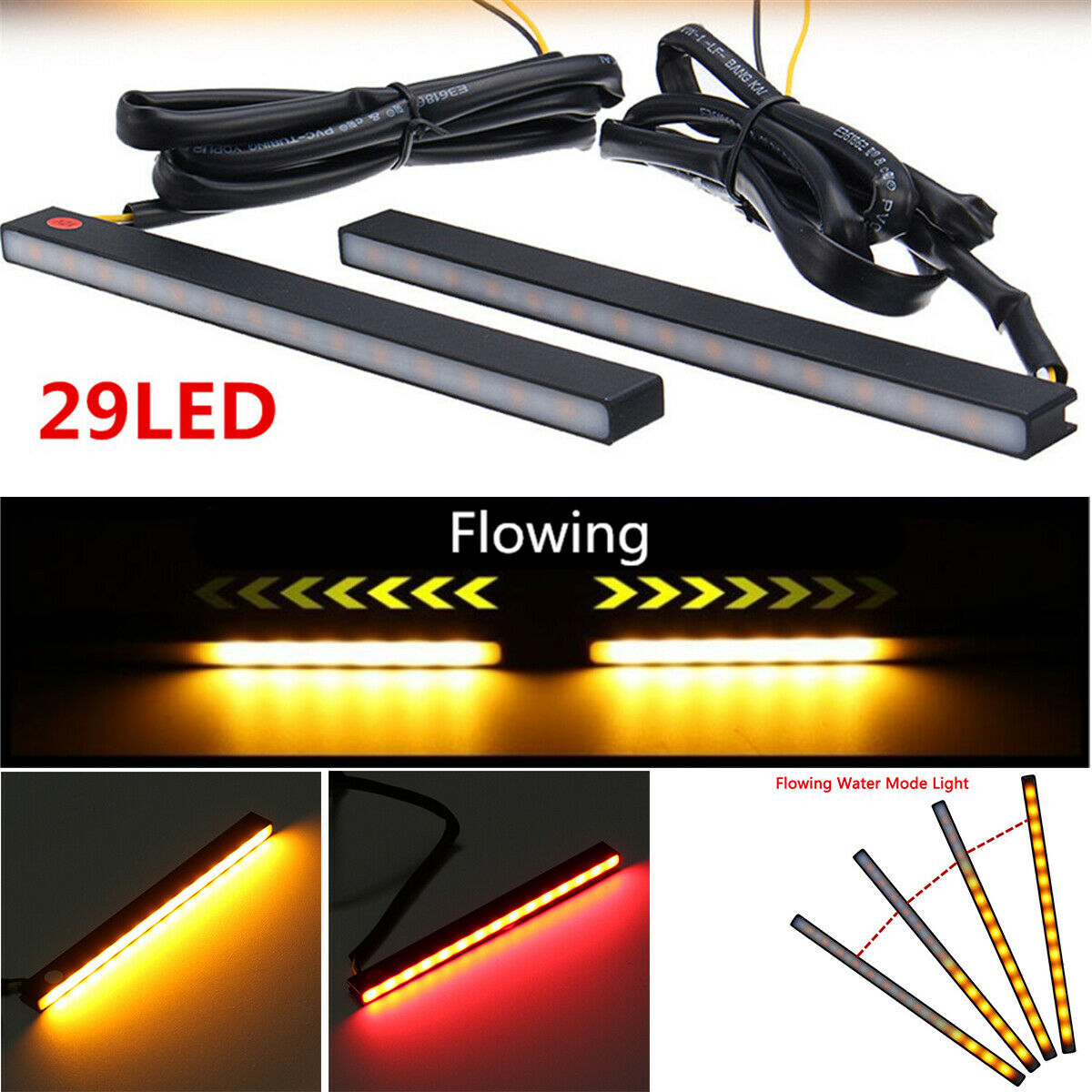 Turn signal and Brake lights Red/Amber DRL Flowing Light BAR Universal 12V 2PC