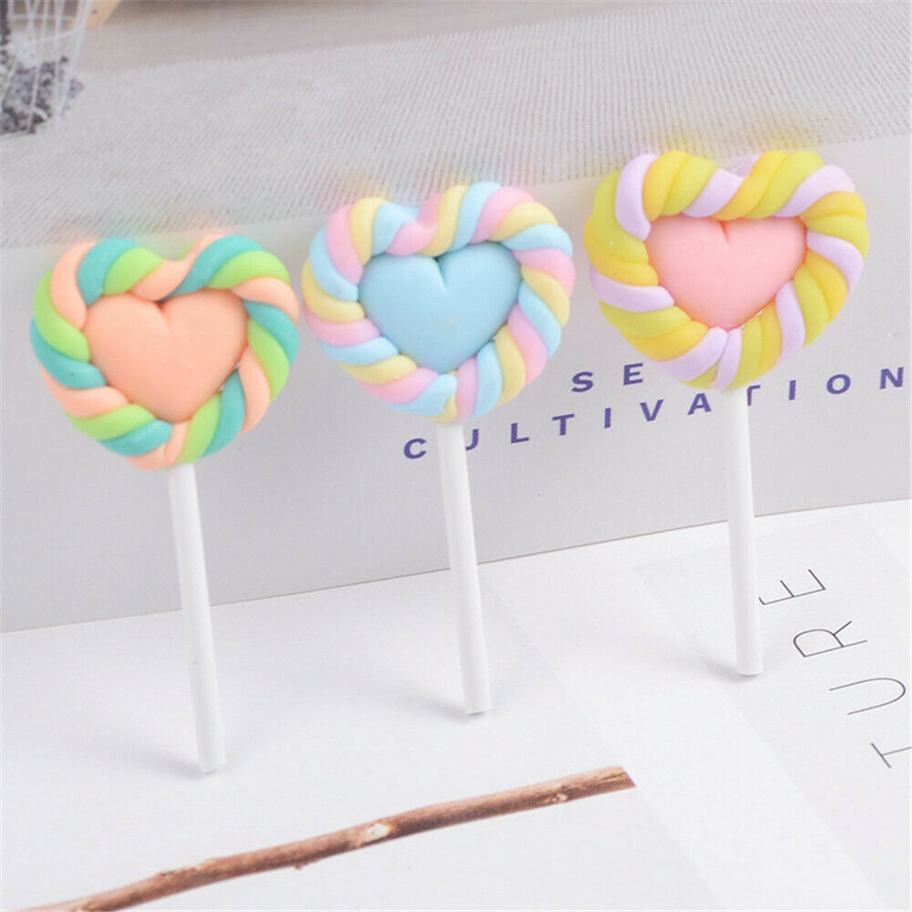 Lot of (x6) Random Polymer Clay Heart Lollipops Craft Embellishments Slime Charm