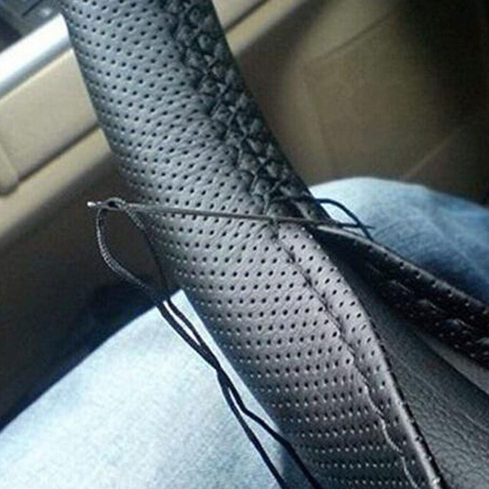Car Truck Leather Steering Wheel Cover With Needles and Thread Black DI.l8
